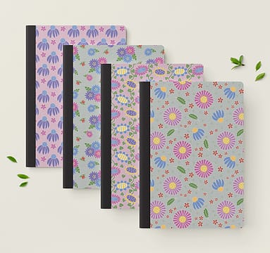 betticlay surface pattern design, Flower Party collection, four notebook cover examples of "A Patch of Pink" colorway