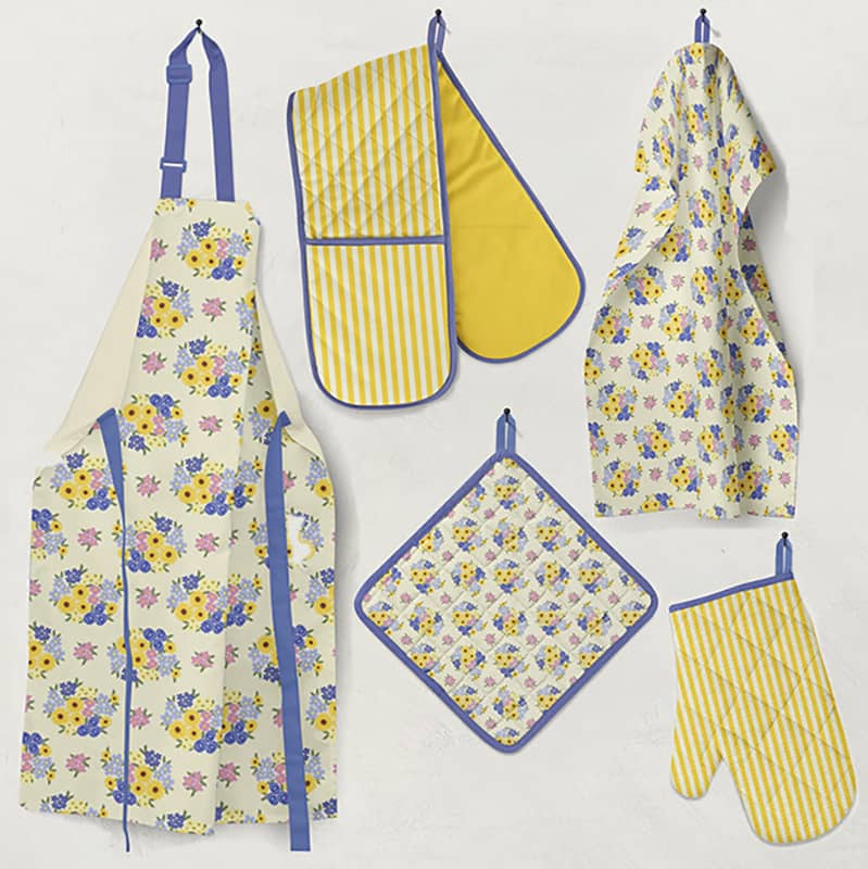 betticlay surface pattern design, Prairie Bouquet collection: kitchen apron, potholder, oven mitts and tea towel in "In the Summer" colorway

