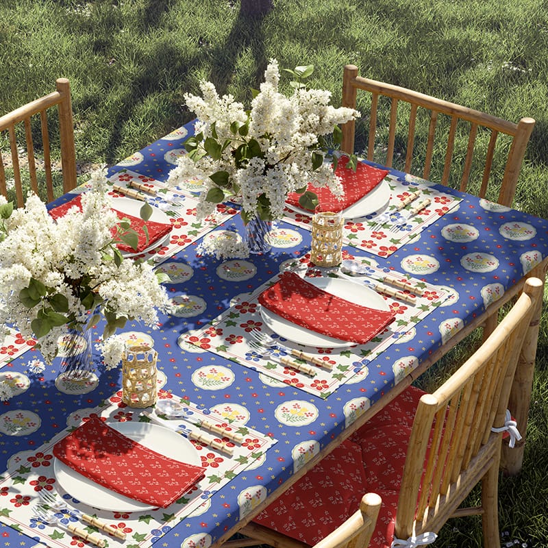 betticlay surface pattern design, Grandma's Kitchen collection: tablecloth, placement, napkin, and chair cushion in "From the Forties" colorway