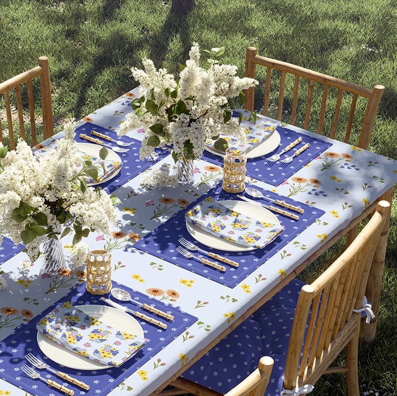 betticlay surface pattern design, Prairie Bouquet collection: tablecloth, placement, napkin, and chair cushion in "In the Summer" colorway